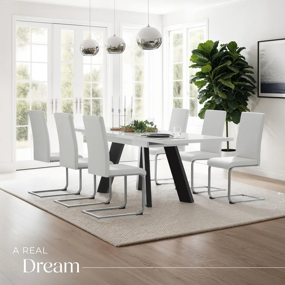 Set of 8 Cantilever High Backrest Dining Chairs - White