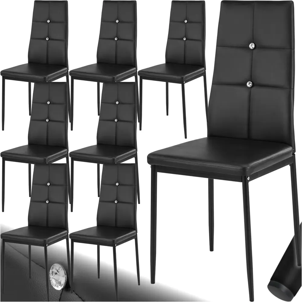 Set of 8 Rhinestone Dining Chairs - Black, Faux Leather