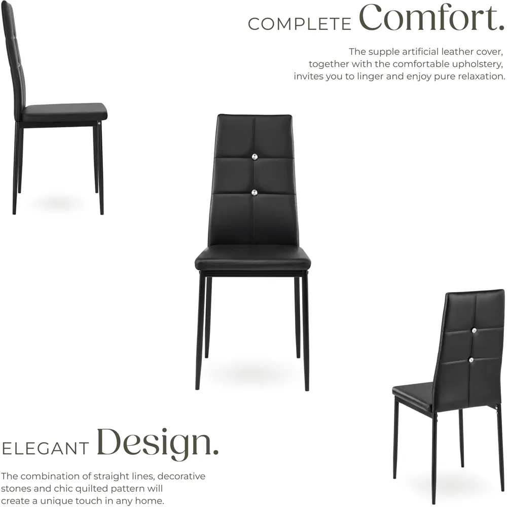 Set of 8 Rhinestone Dining Chairs - Black, Faux Leather