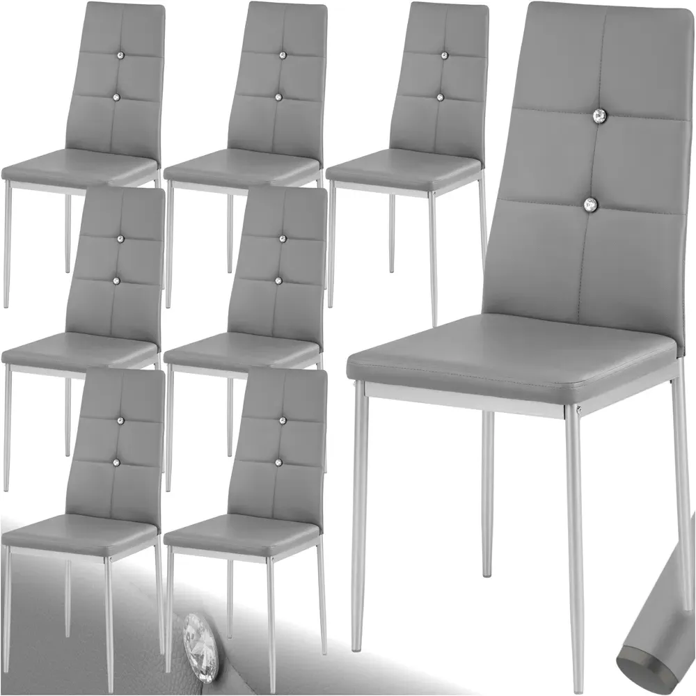 Set of 8 Rhinestone Dining Chairs - Grey, Faux Leather