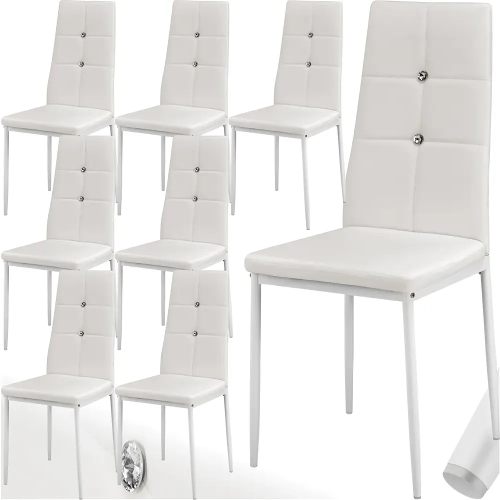 Set of 8 Rhinestone Dining Chairs - White, Faux Leather