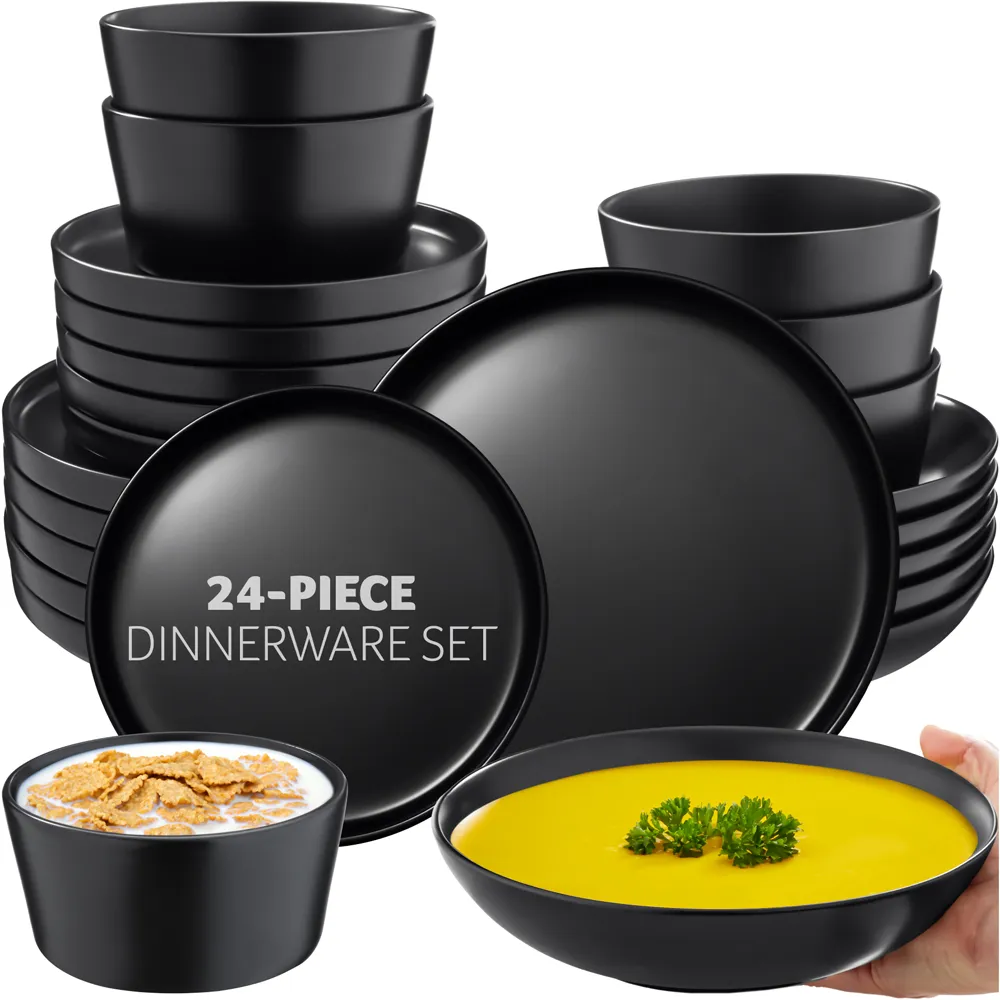 Una 24 Piece Crockery Set - Black, Stoneware