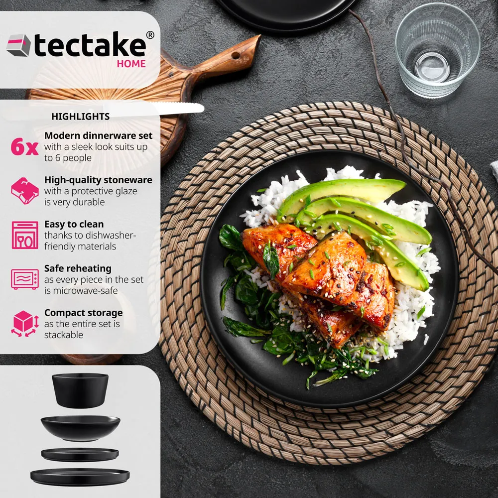 Una 24 Piece Crockery Set - Black, Stoneware