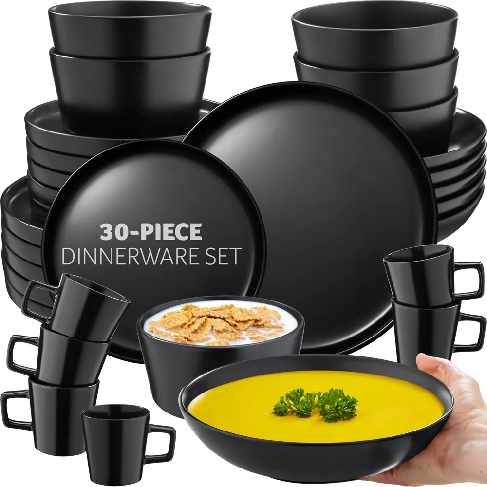Una 30 Piece Crockery Set - Black, Stoneware