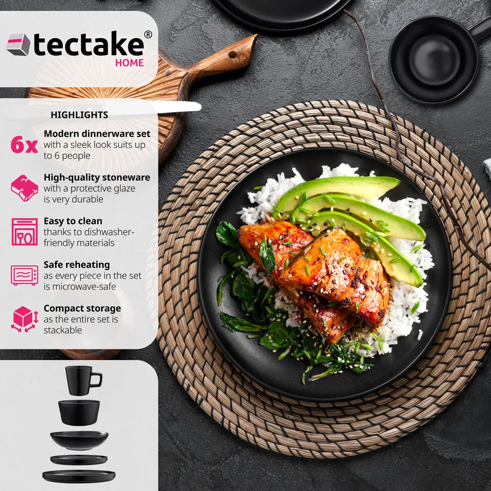 Una 30 Piece Crockery Set - Black, Stoneware