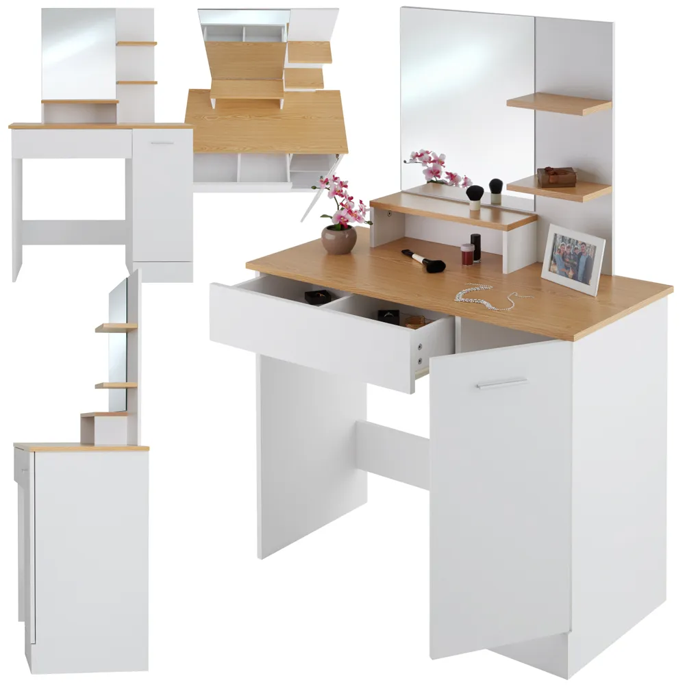 Zoe Single Door Single Drawer Dressing Table Set with Mirror - White, Beech