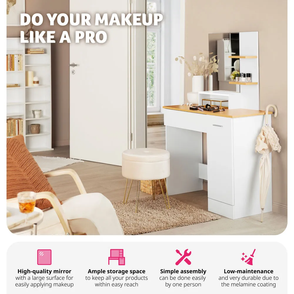 Zoe Single Door Single Drawer Dressing Table Set with Mirror - White, Beech