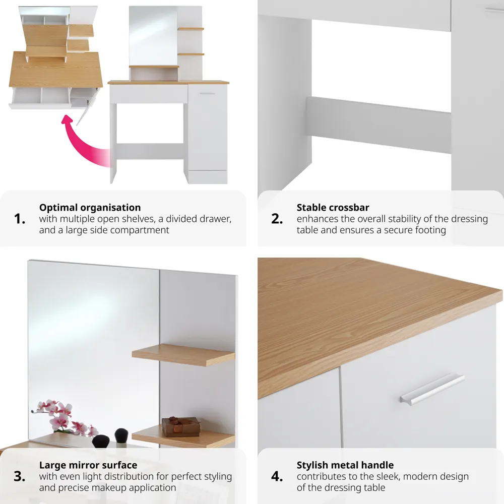 Zoe Single Door Single Drawer Dressing Table Set with Mirror - White, Beech