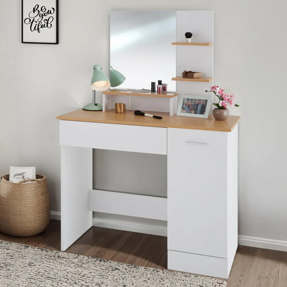 Zoe Single Door Single Drawer Dressing Table Set with Mirror - White, Beech