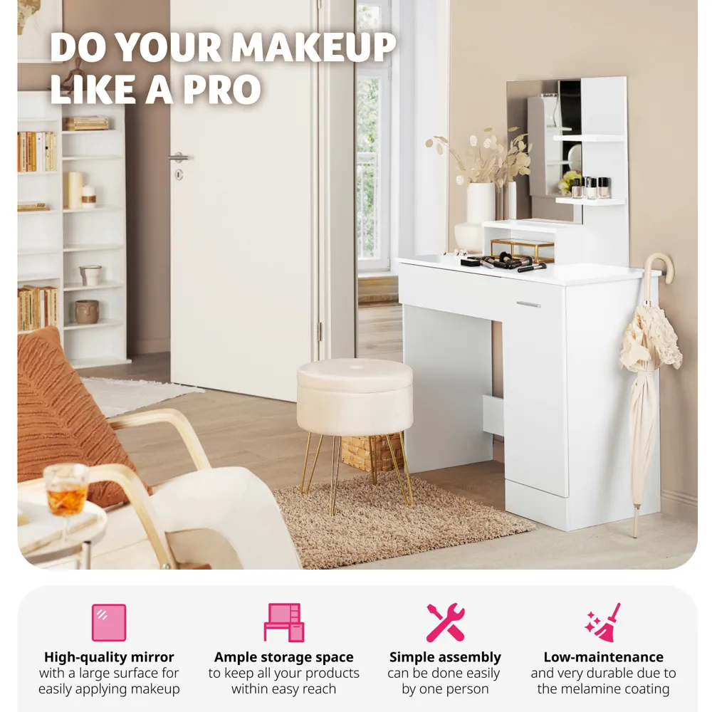 Zoe Single Door Single Drawer Dressing Table with Mirror - White