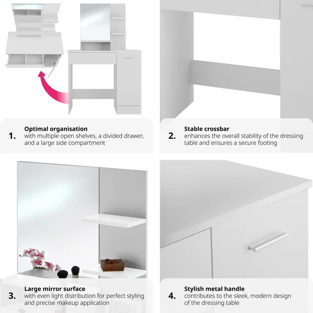 Zoe Single Door Single Drawer Dressing Table with Mirror - White
