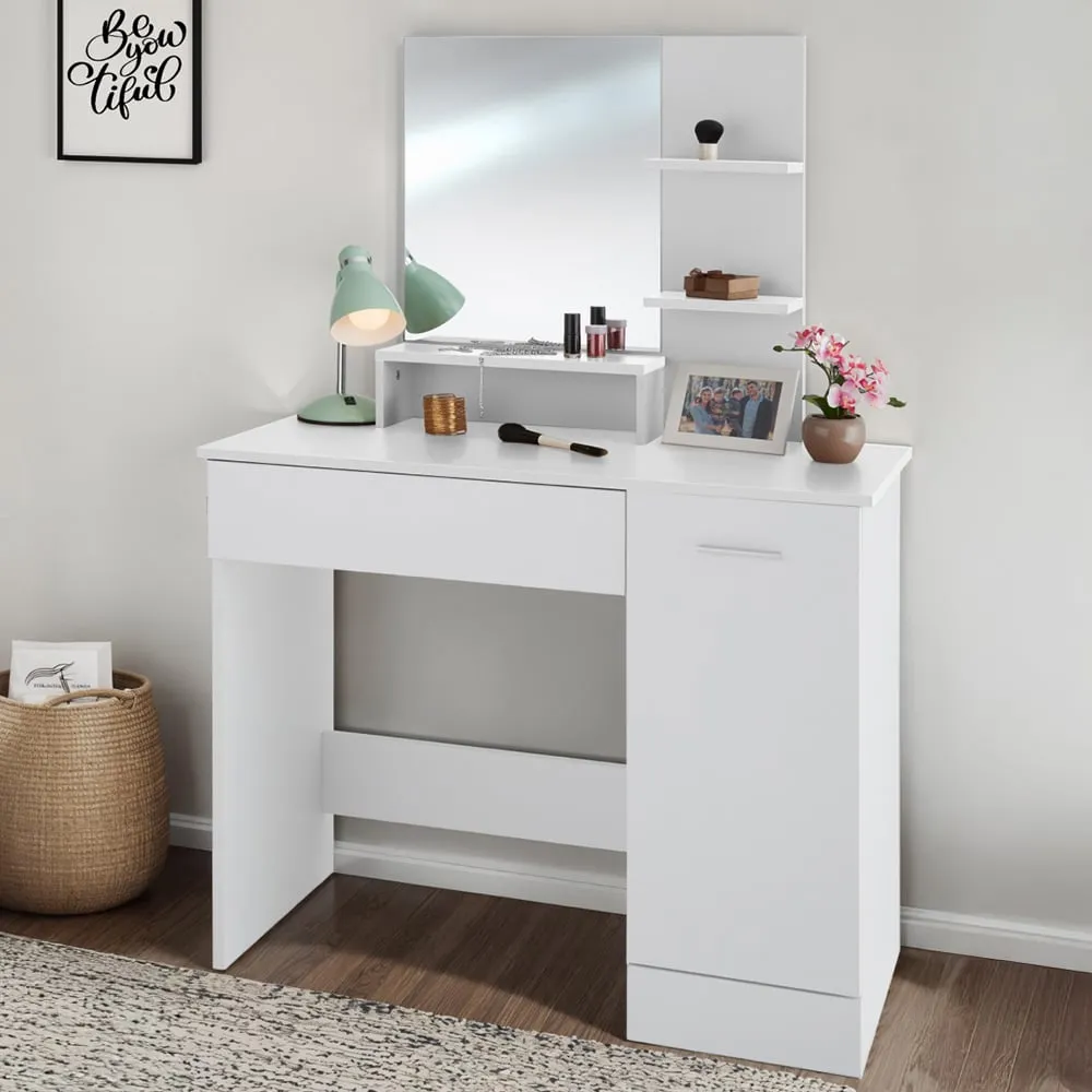 Zoe Single Door Single Drawer Dressing Table with Mirror - White