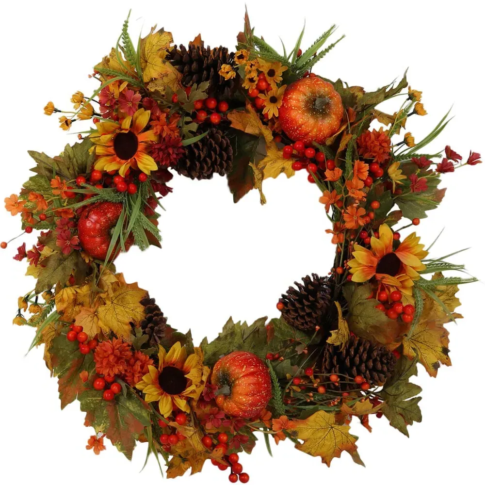 Autumnal Wreath with Flowers and Pumpkins