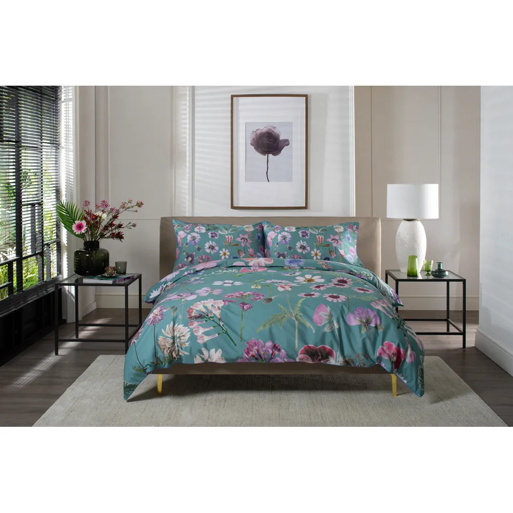 Botanical Flower Double Duvet Set - Green, Cotton
