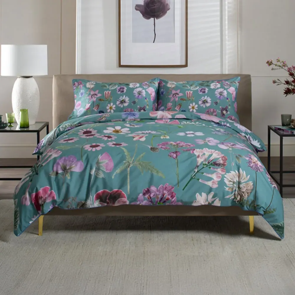 Botanical Flower Double Duvet Set - Green, Cotton
