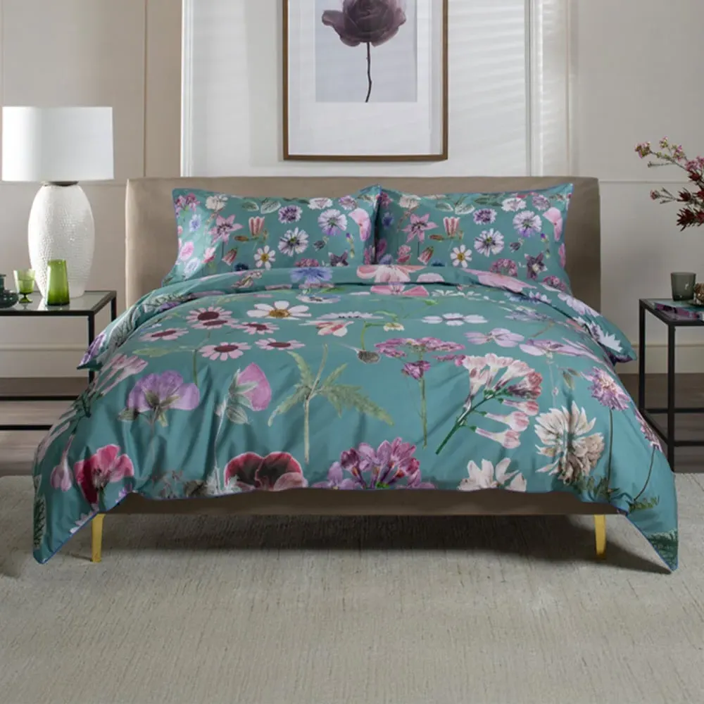 Botanical Flower King Size Duvet Set - Green, Cotton