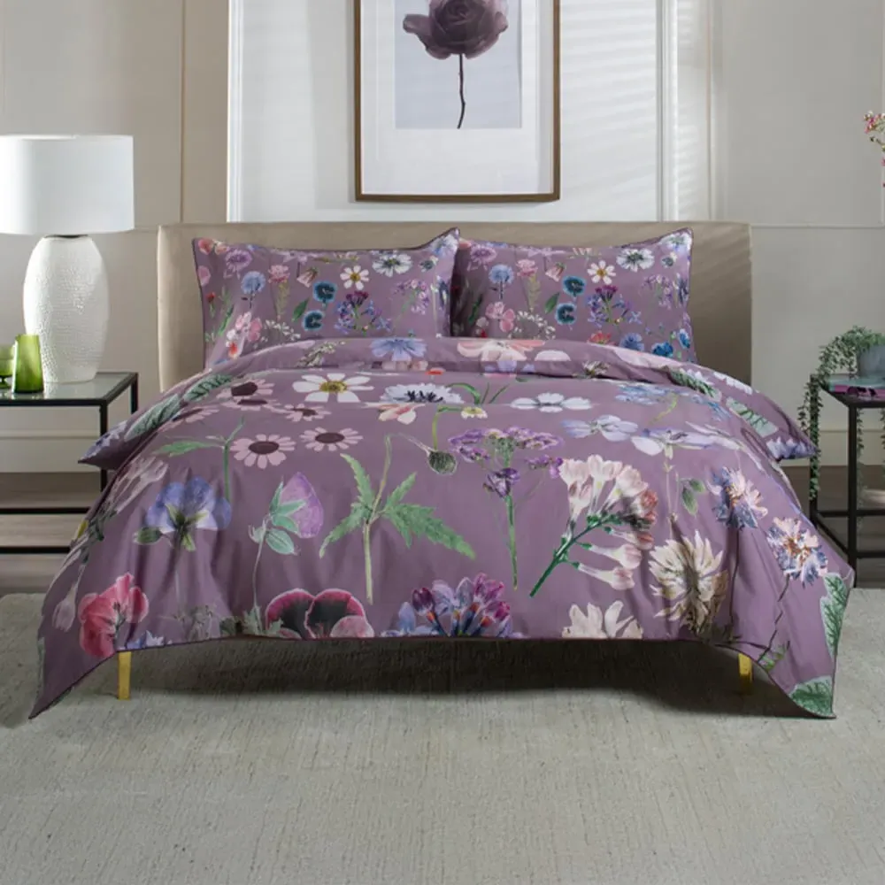 Botanical Flower King Size Duvet Set - Lilac, Cotton