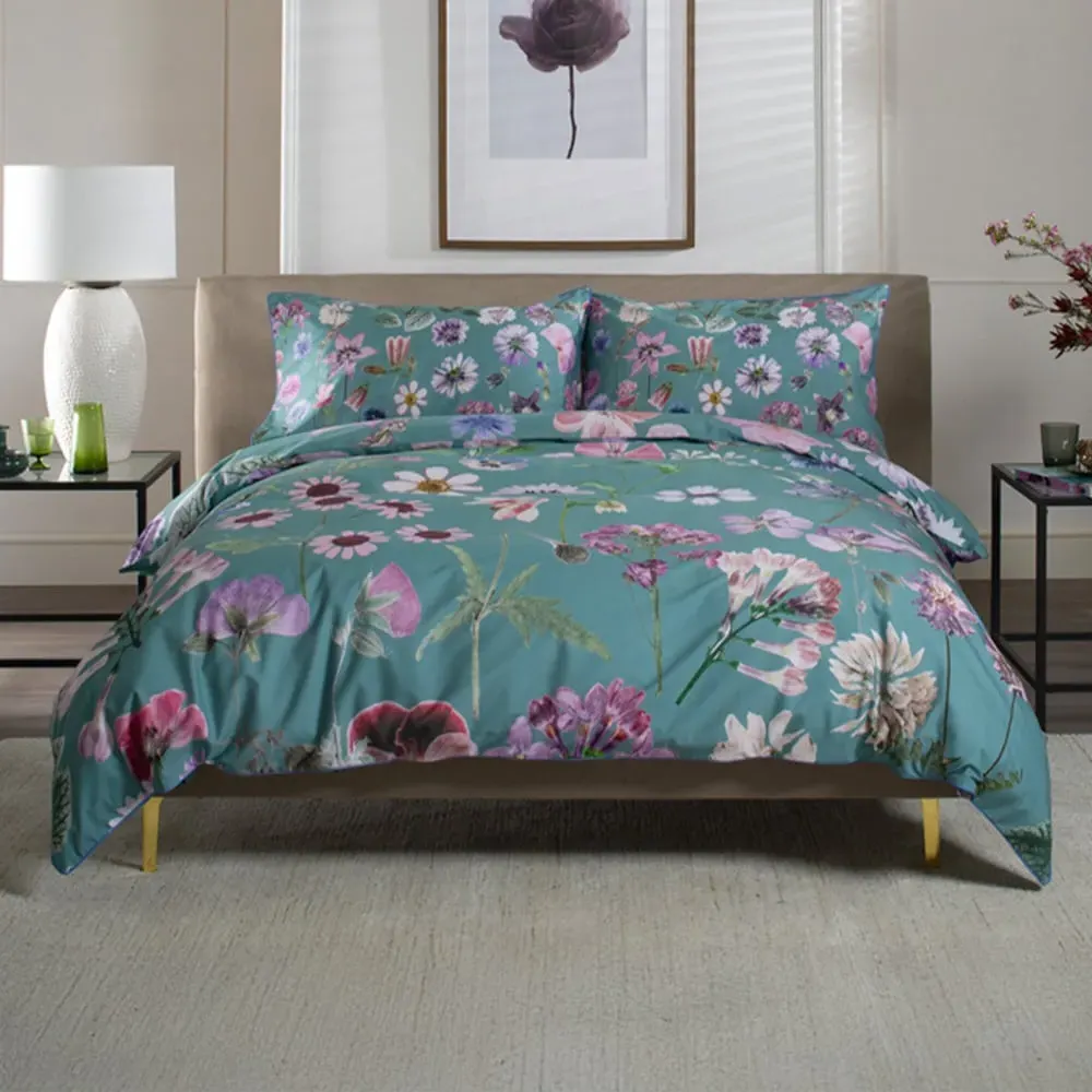 Botanical Flower Single Duvet Set - Green, Cotton image