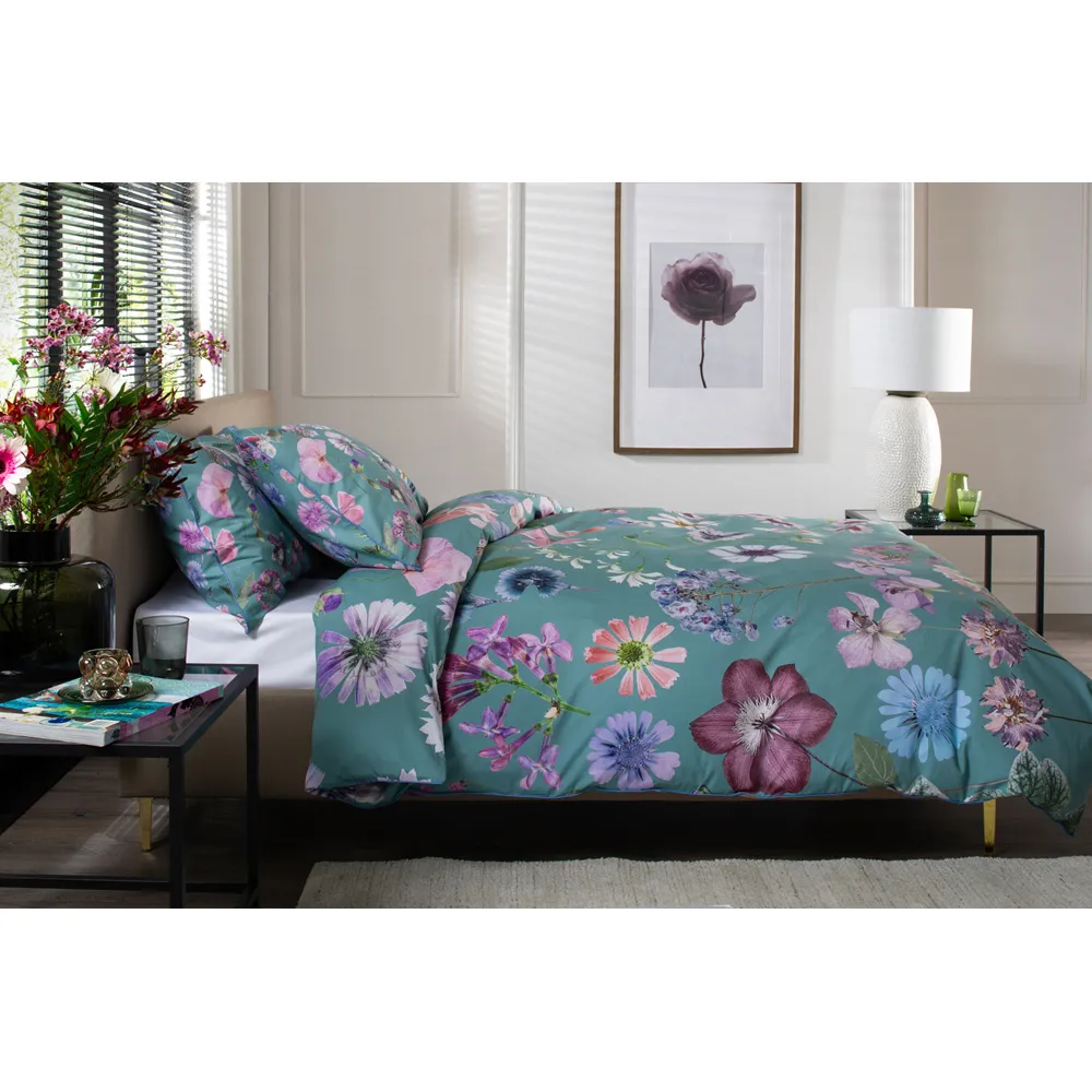 Botanical Flower Super King Size Duvet Set - Green, Cotton