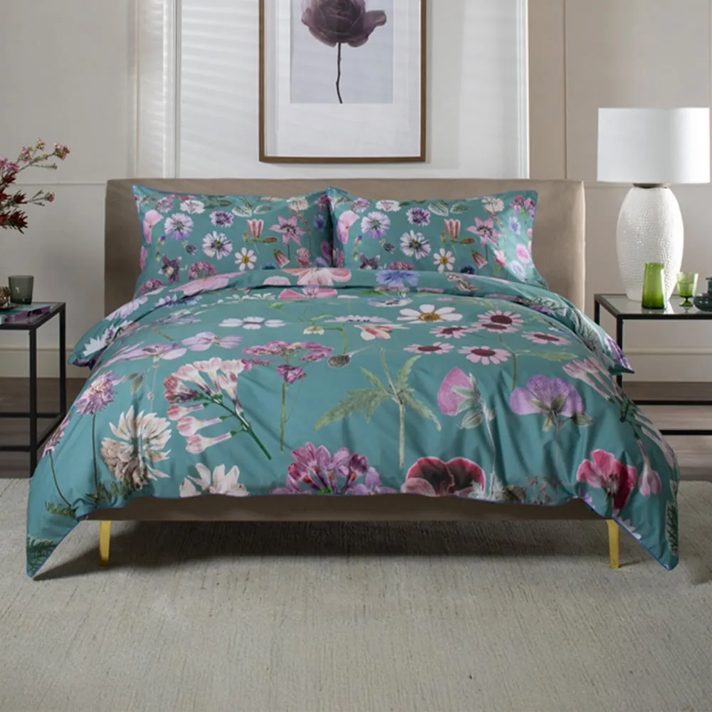 Botanical Flower Super King Size Duvet Set - Green, Cotton