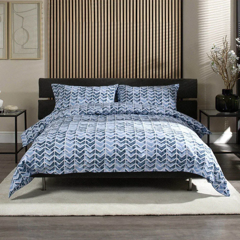 Chevron Super King Size Duvet Set - Blue, Cotton
