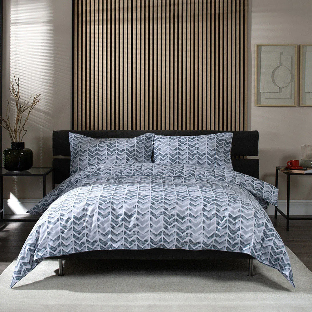 Chevron Super King Size Duvet Set - Grey, Cotton