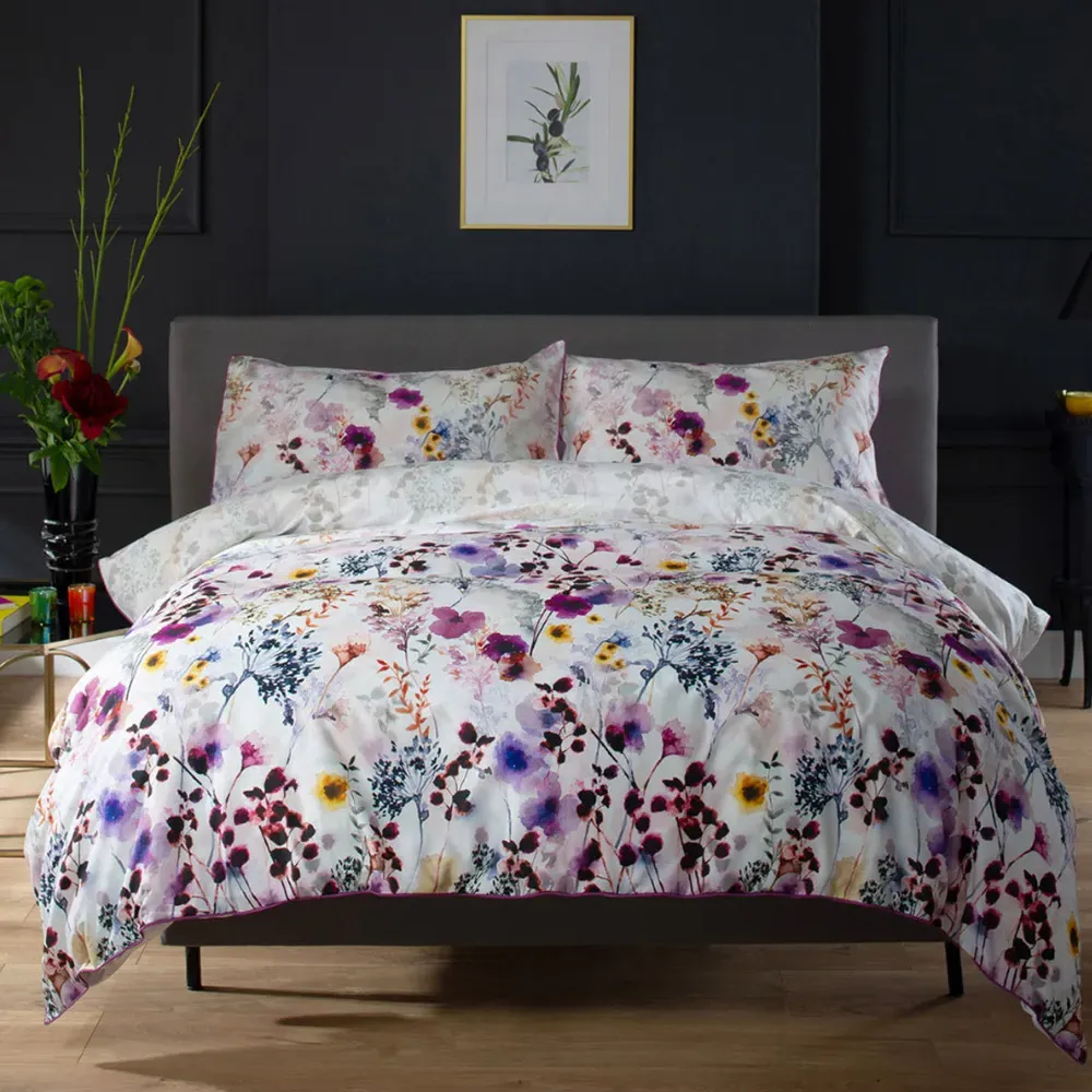 Double Lilac Watercolour Floral Duvet Set - Brown, Cotton