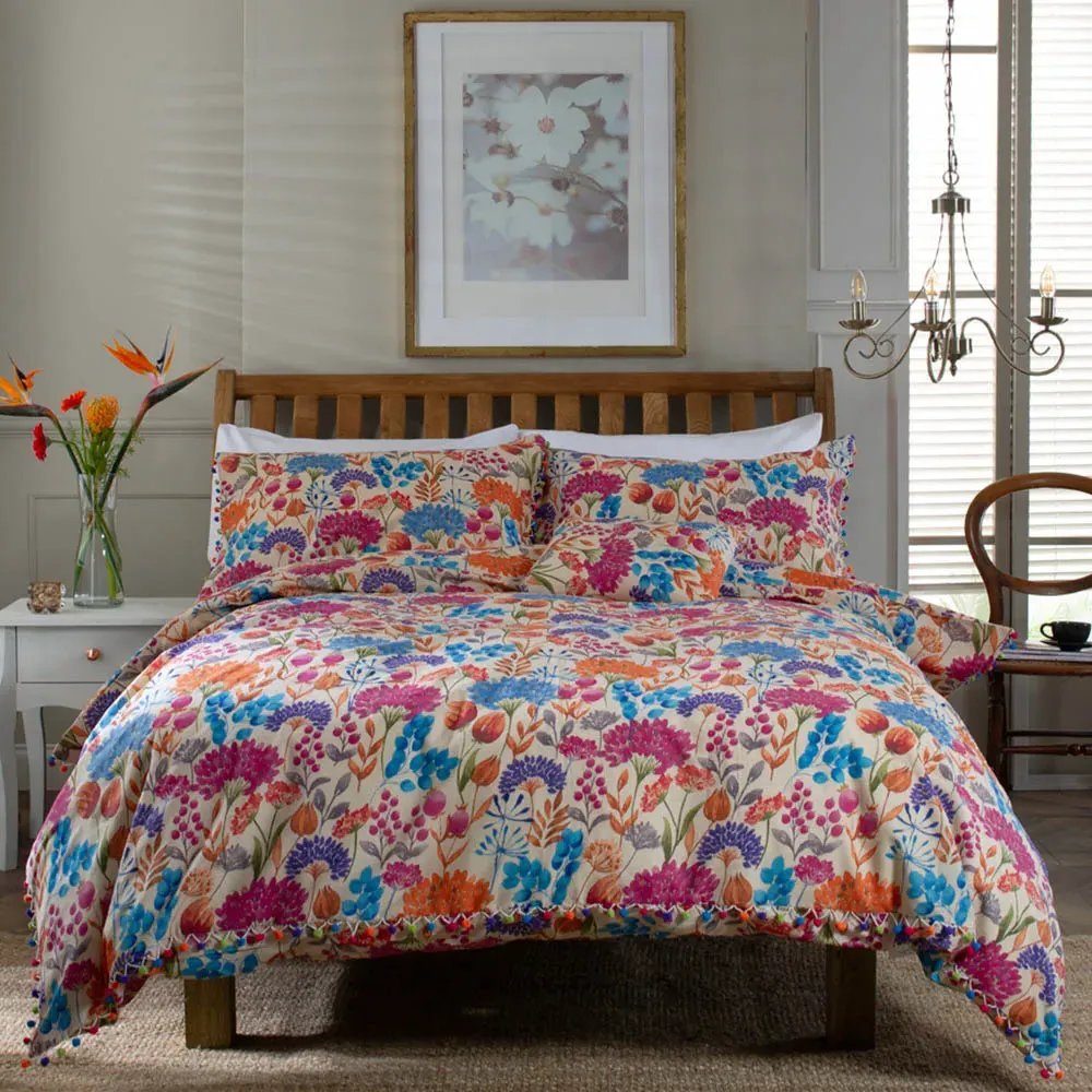 Single Vintage Floral Duvet Set with Cushion Cover - Blue image