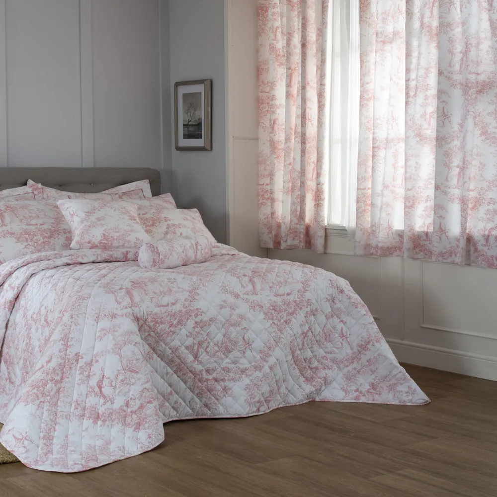 Toile De Jouy 137cm Curtains - Pink, Cotton