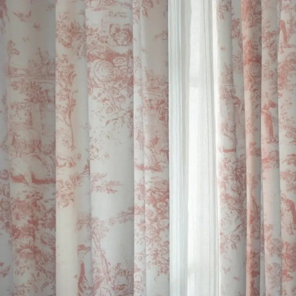 Toile De Jouy 137cm Curtains - Pink, Cotton