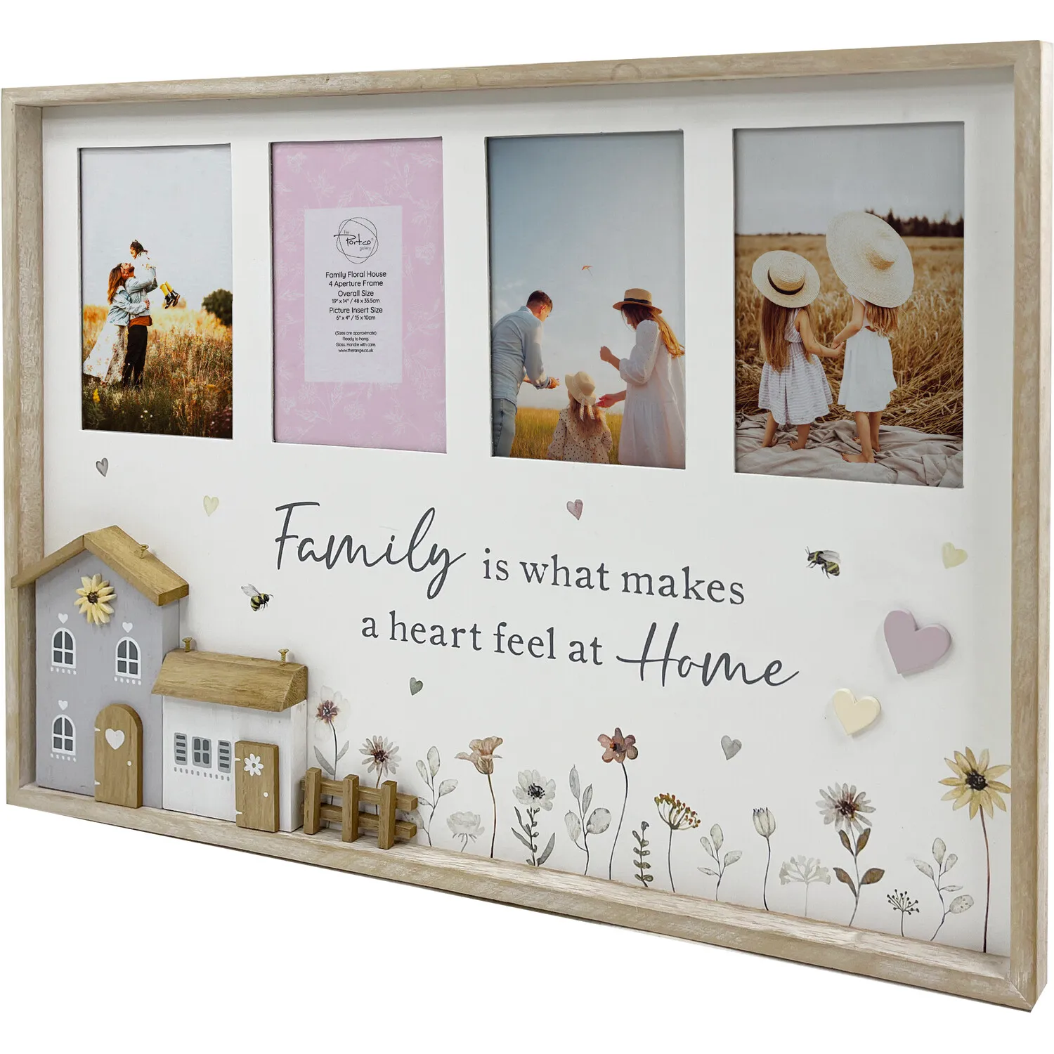 Family Floral House 4-Aperture Photo Frame - Natural