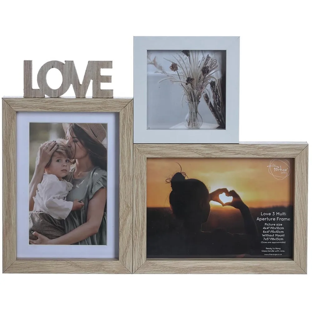 Love 3 Aperture Photo Frame - Brown, Wood Effect image