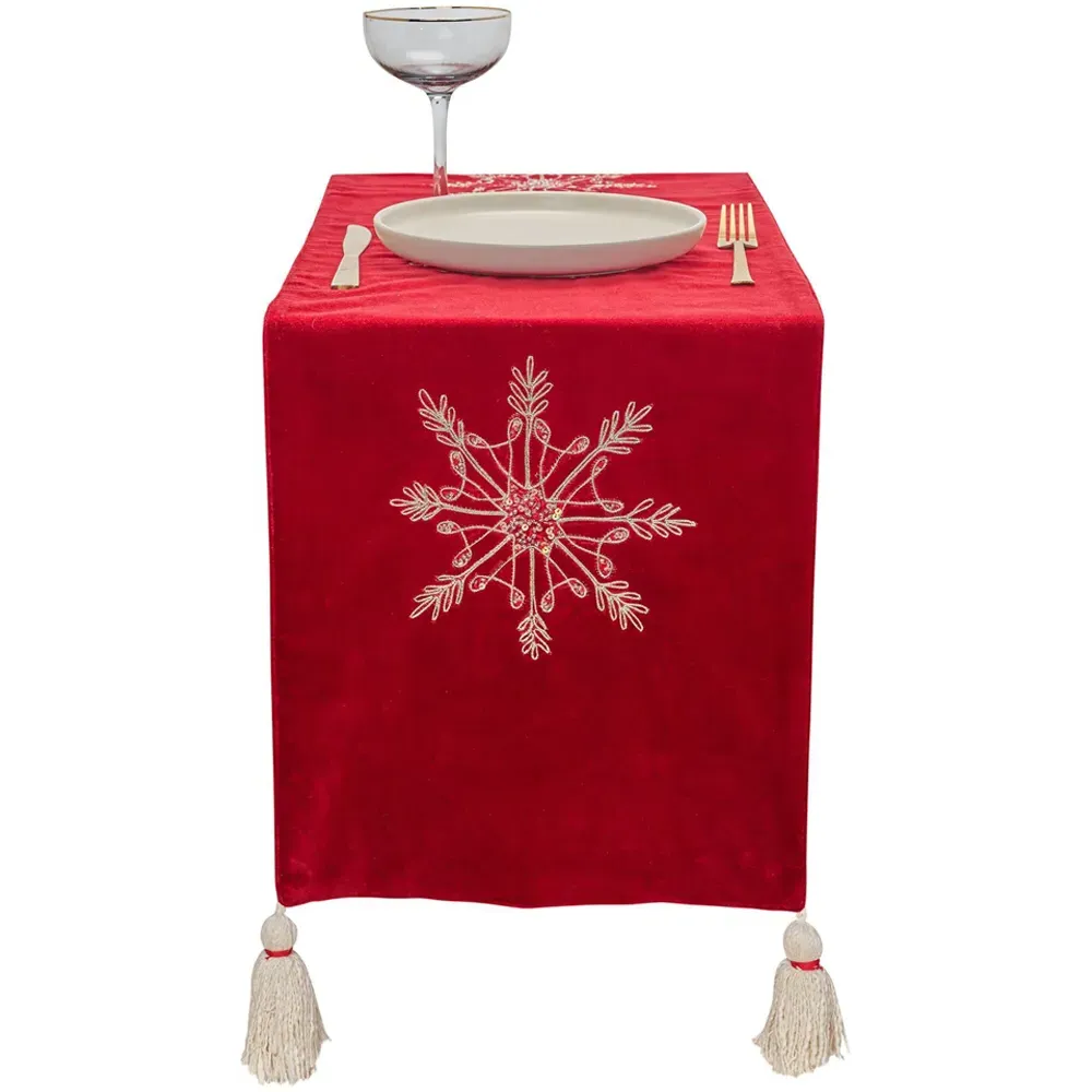 Christmas Table Runner with Snowflake Embroidery - Red