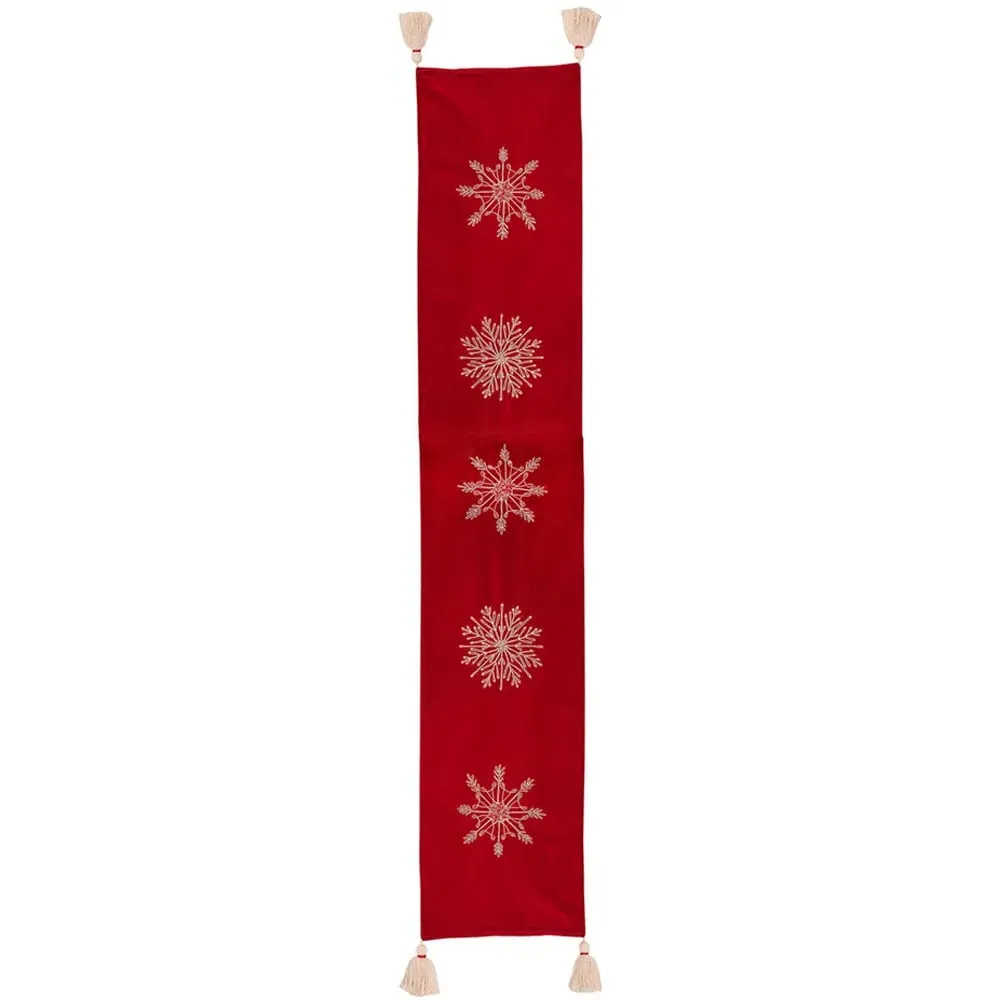 Christmas Table Runner with Snowflake Embroidery - Red