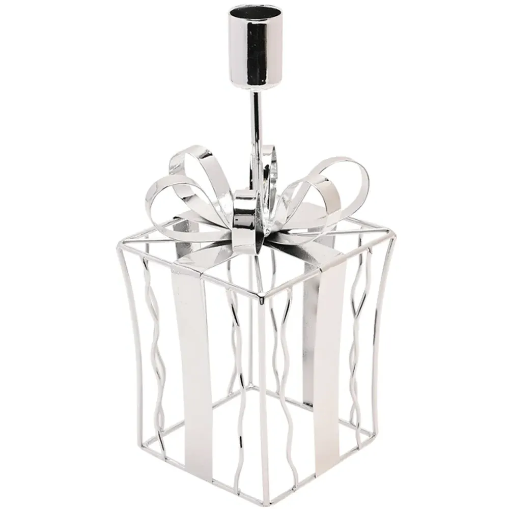 Present Shaped Candle Stick 22cm - Silver, Metal