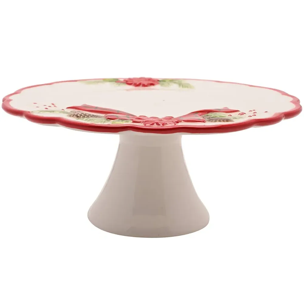 Regal Tidings Christmas Poinsettia Ceramic Cake Stand - White
