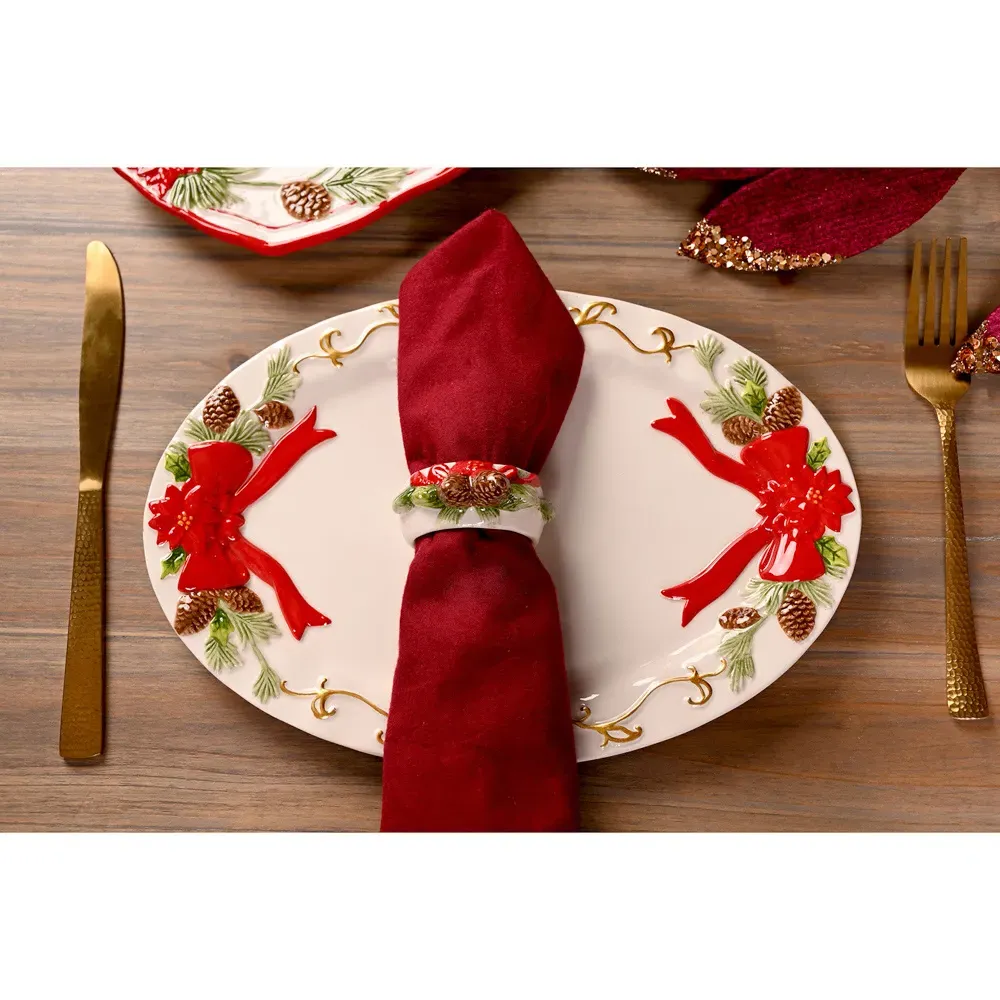 Regal Tidings Christmas Poinsettia Ceramic Platter - White