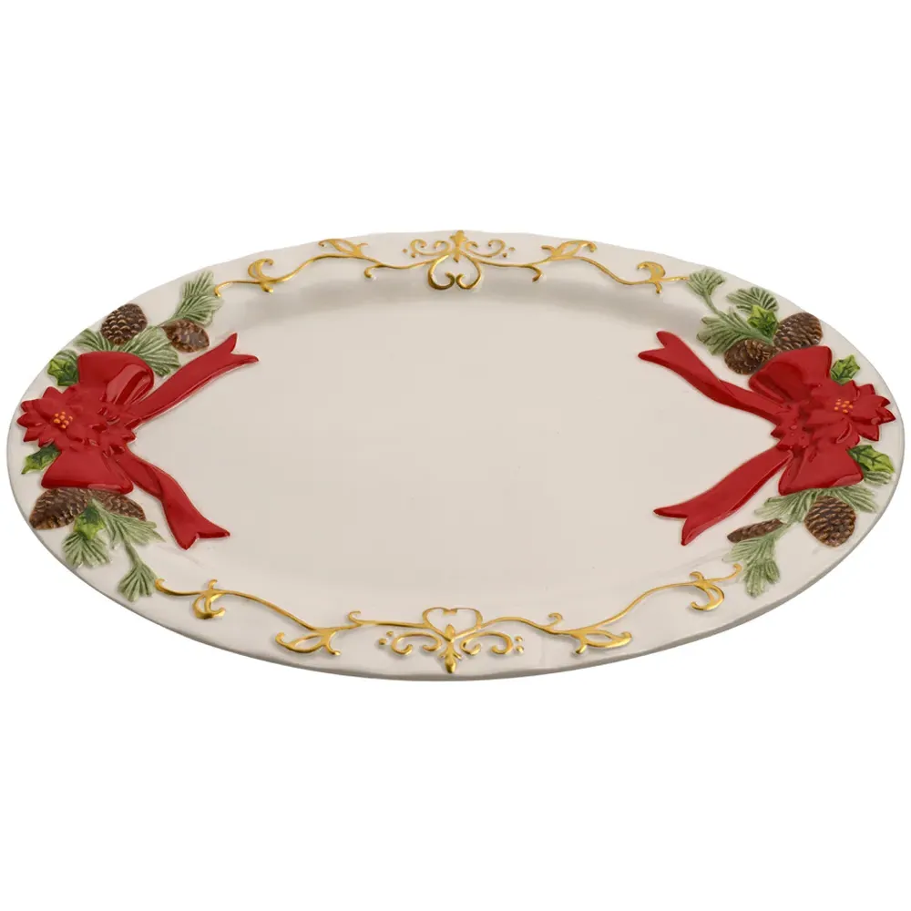 Regal Tidings Christmas Poinsettia Ceramic Platter - White