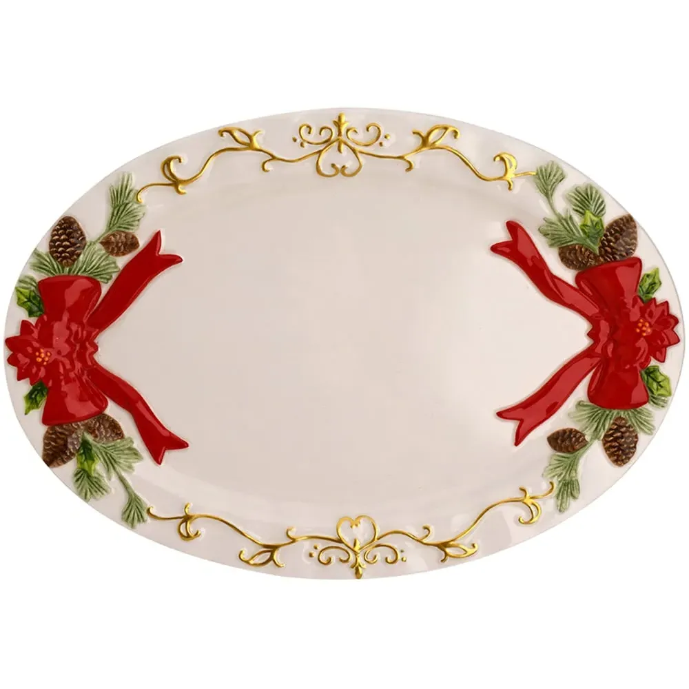 Regal Tidings Christmas Poinsettia Ceramic Platter - White image