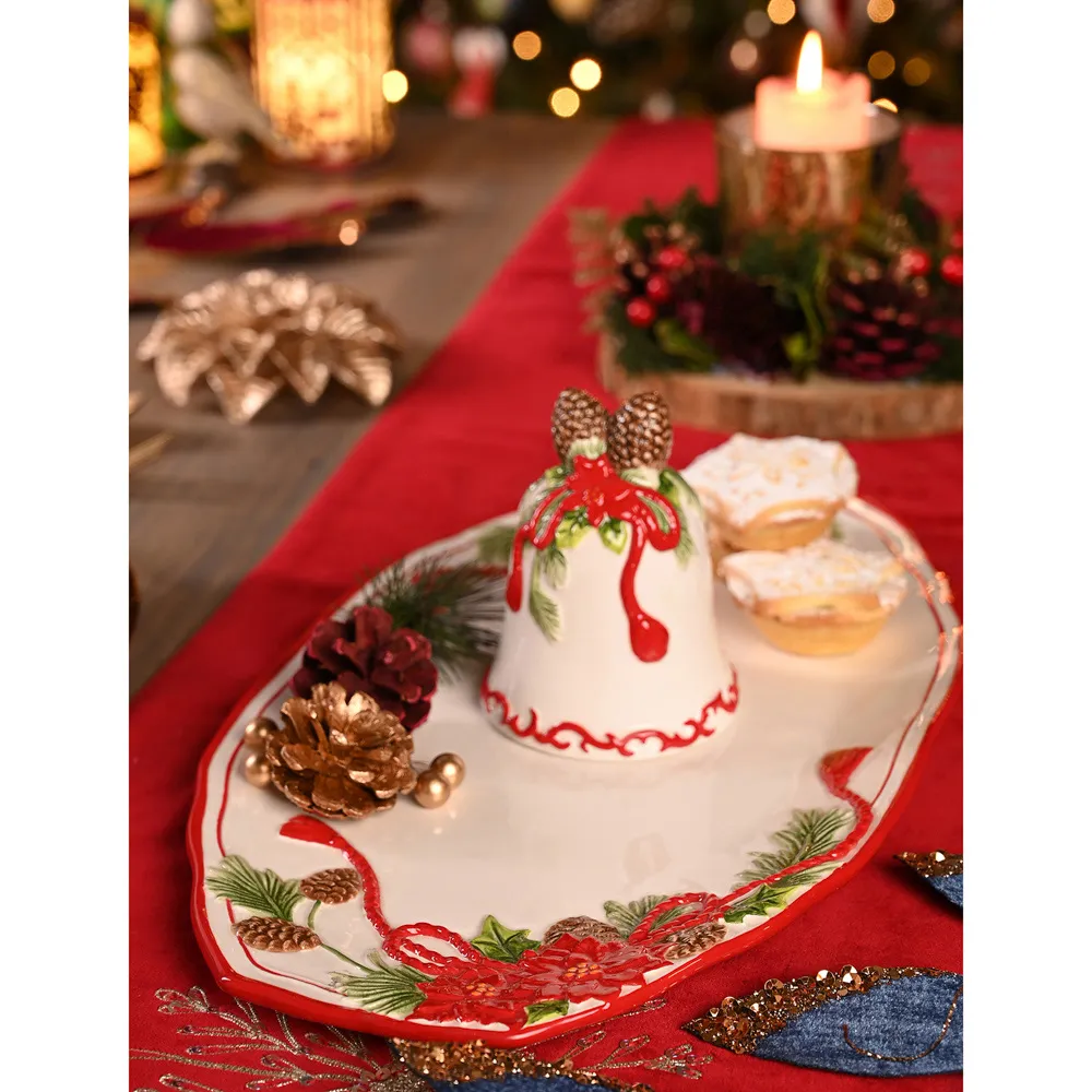 Regal Tidings Christmas Poinsettia Ceramic Serving Platter - White