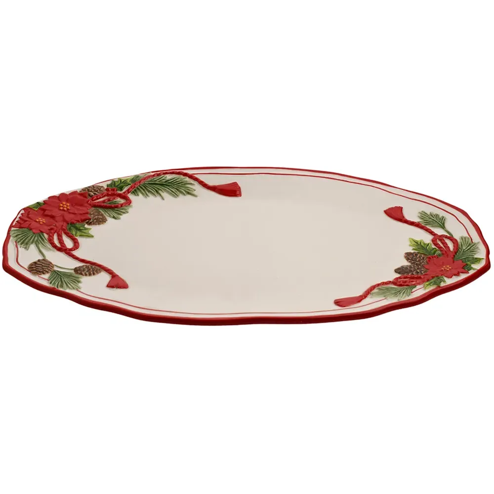 Regal Tidings Christmas Poinsettia Ceramic Serving Platter - White