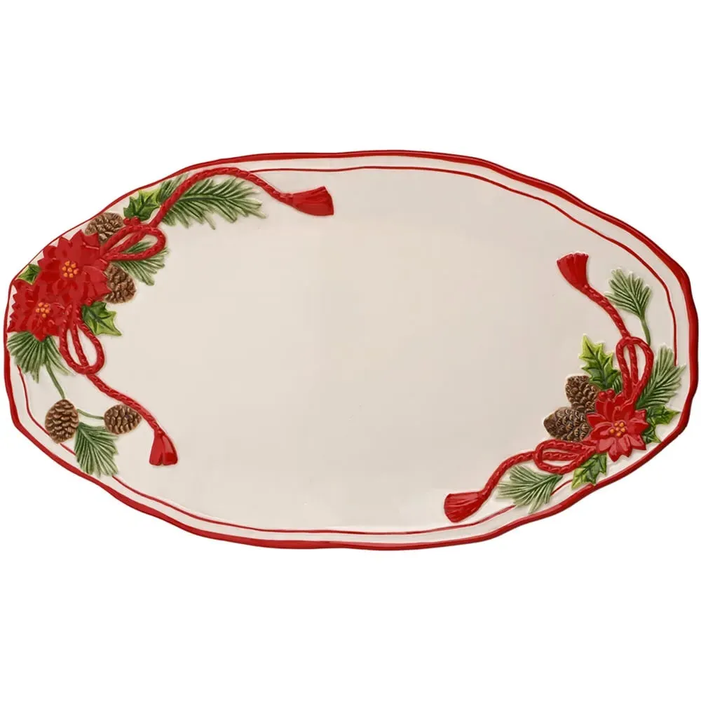 Regal Tidings Christmas Poinsettia Ceramic Serving Platter - White