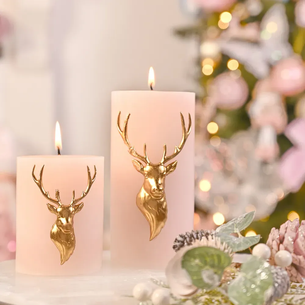 Small Blush Gold Stag Pillar Candle - Pink