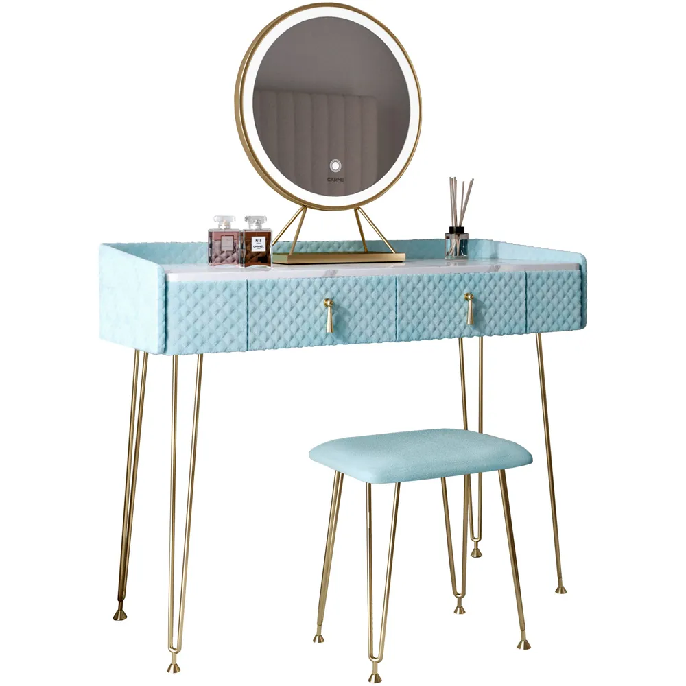 CARME Home 2 Drawer Dressing Table Set with LED Mirror - Blue, Velvet
