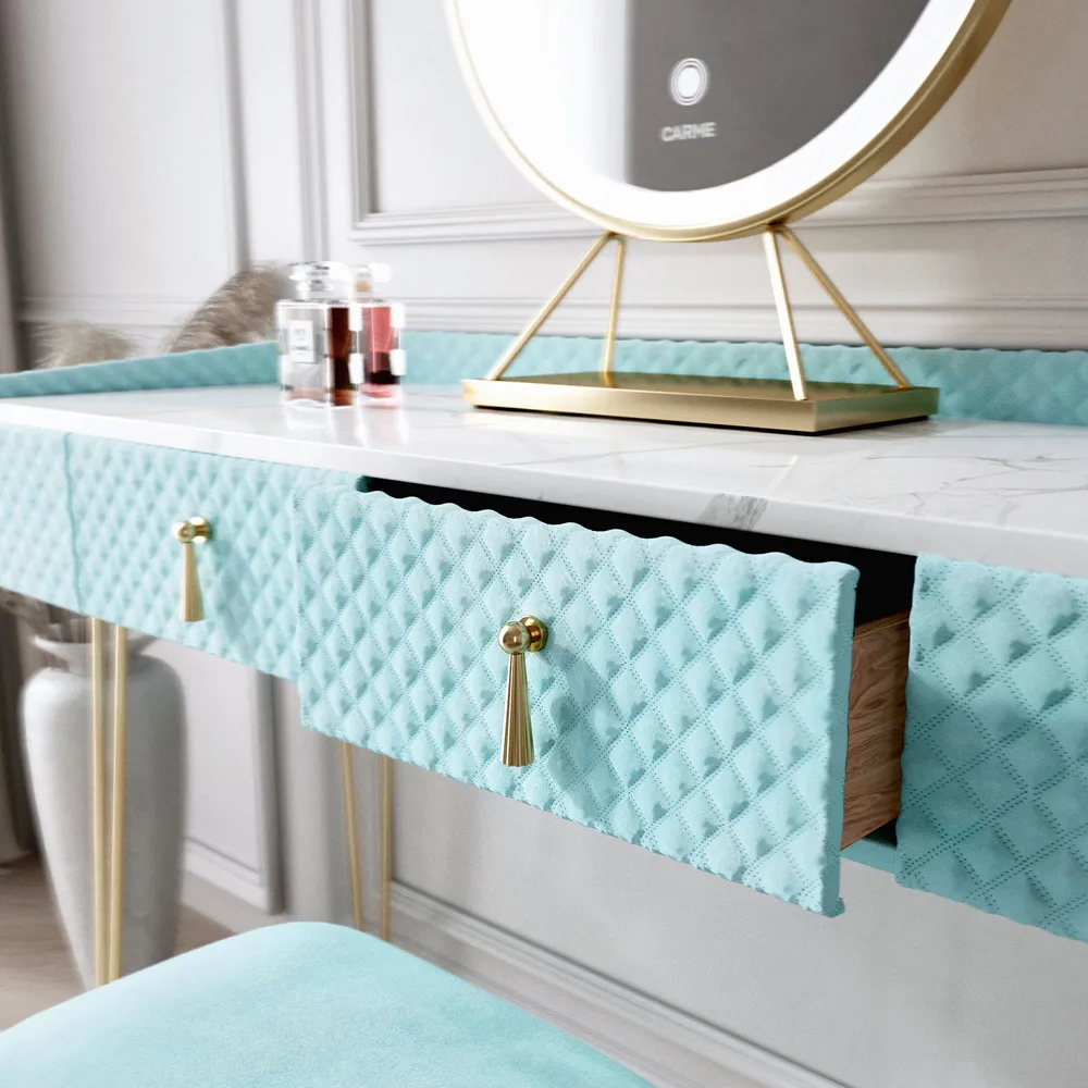 CARME Home 2 Drawer Dressing Table Set with LED Mirror - Blue, Velvet