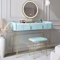 CARME Home 2 Drawer Dressing Table Set with LED Mirror - Blue, Velvet