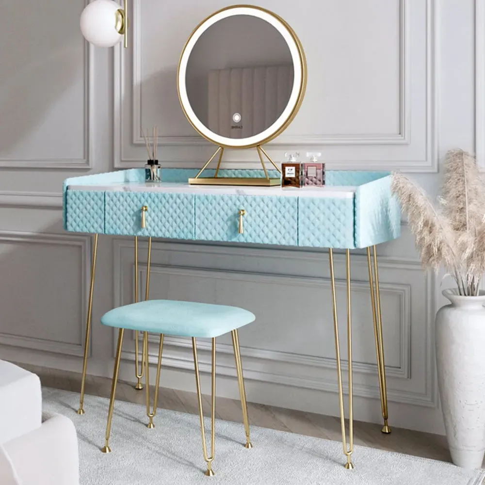CARME Home 2 Drawer Dressing Table Set with LED Mirror - Blue, Velvet