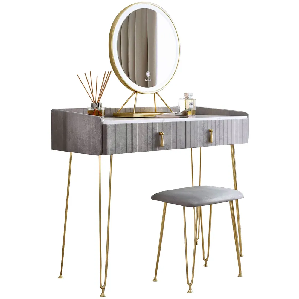 CARME Home 2 Drawer Dressing Table Set with LED Mirror - Grey, Velvet