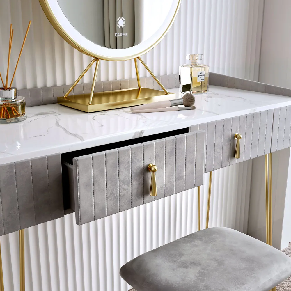 CARME Home 2 Drawer Dressing Table Set with LED Mirror - Grey, Velvet