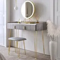 CARME Home 2 Drawer Dressing Table Set with LED Mirror - Grey, Velvet
